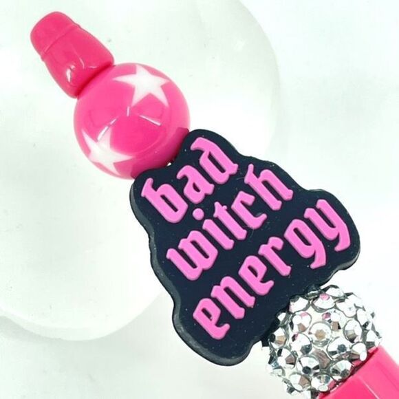 Bad Witch Energy Halloween pen handmade NEW bling rhinestone hot pink black silv - Picture 4 of 6